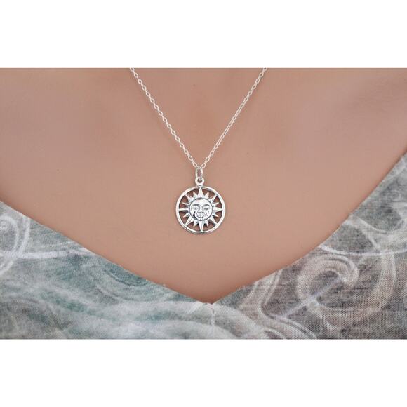 Sterling Silver Smiling Sun Charm Necklace, Silver Smiling Sun Charm Necklace - Picture 1 of 5